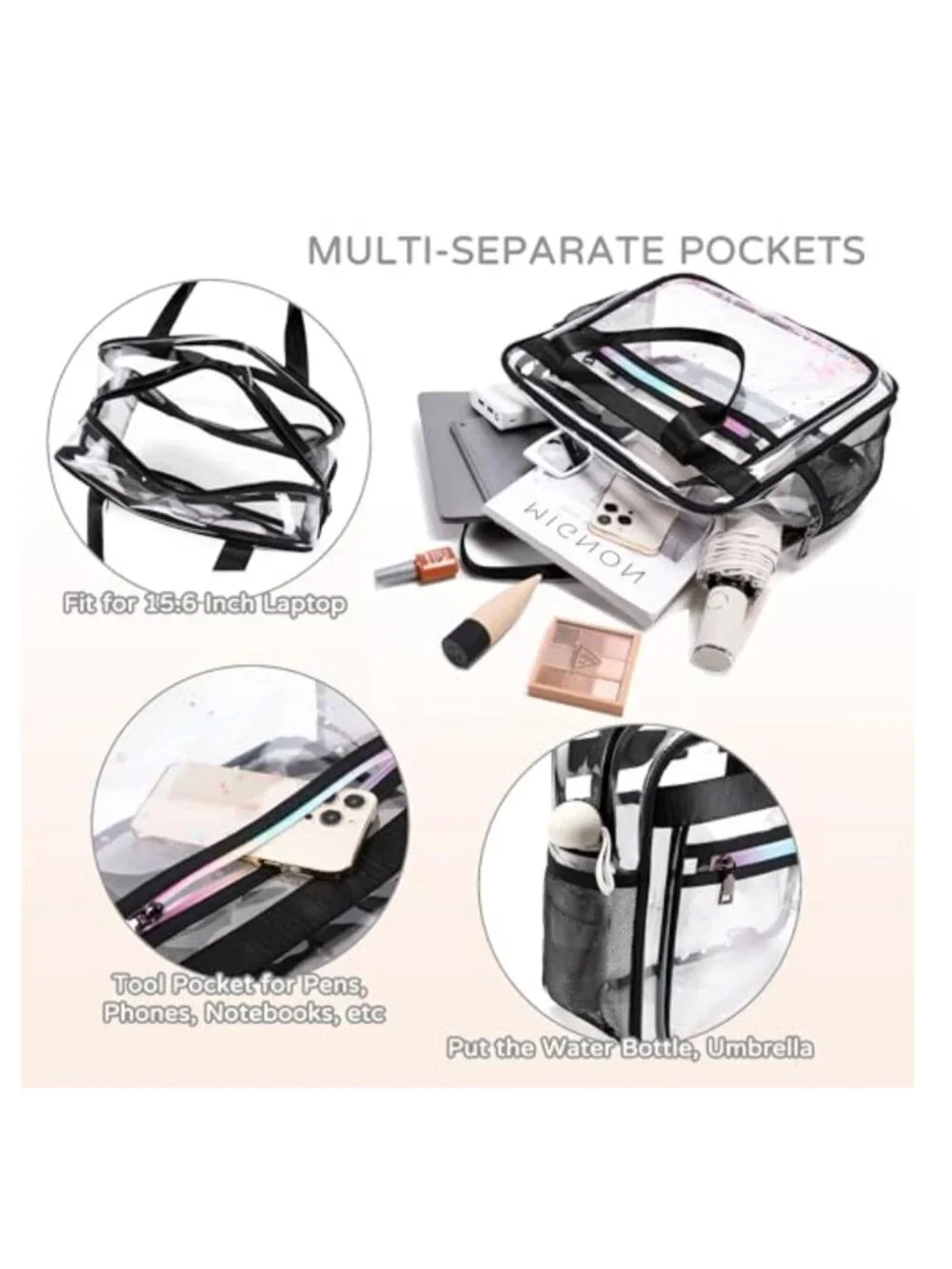 Clear Beach Bag Travel Tote Transparent Backpack Stadium Approved Waterproof TPU